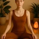 A calm young woman in a dark saffron yoga dress sitting cross-legged, meditating in a softly lit indoor space.