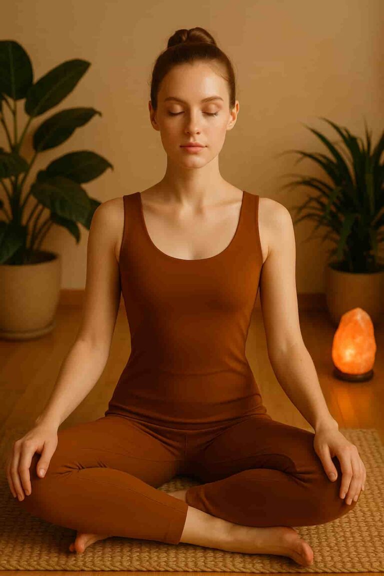 A calm young woman in a dark saffron yoga dress sitting cross-legged, meditating in a softly lit indoor space.