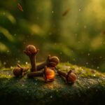 Fresh organic clove spice buds on mossy stone in sunlight with dewdrops, showing natural health benefits and herbal medicine uses
