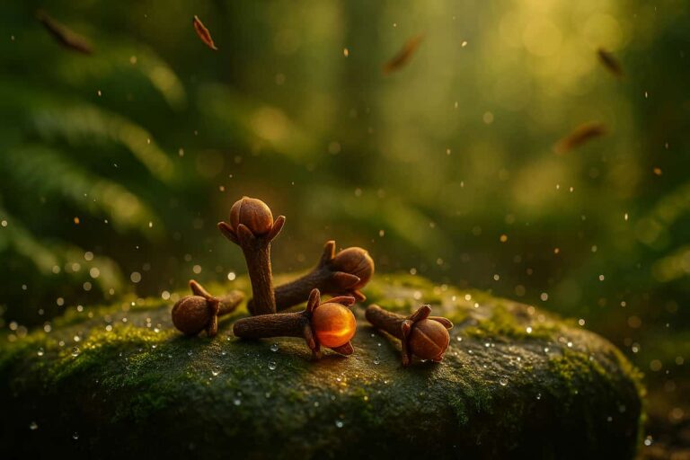 Fresh organic clove spice buds on mossy stone in sunlight with dewdrops, showing natural health benefits and herbal medicine uses