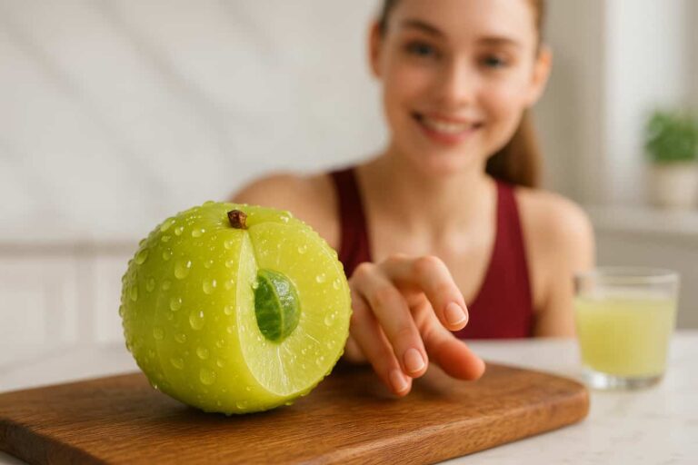 Juicy fresh amla fruit on a cutting board with a woman in red yoga dress, highlighting daily beauty and health benefits.