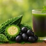 Fresh karela and jamun fruits with a glass of healthy juice, showcasing natural Ayurvedic benefits in a serene outdoor setting