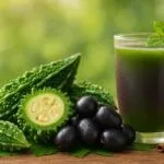 Fresh karela and jamun fruits with a glass of healthy juice, showcasing natural Ayurvedic benefits in a serene outdoor setting
