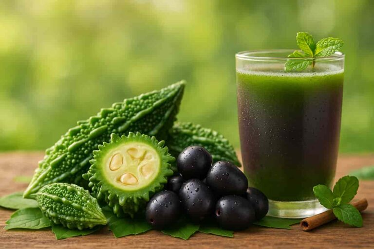 Fresh karela and jamun fruits with a glass of healthy juice, showcasing natural Ayurvedic benefits in a serene outdoor setting