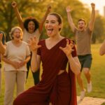 A vibrant, diverse group of 6 people (ages 20-50, mixed ethnicities/genders) practice laughter yoga in a sun-dappled urban park at golden hour.