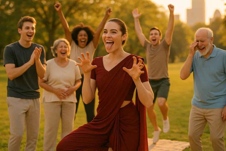 A vibrant, diverse group of 6 people (ages 20-50, mixed ethnicities/genders) practice laughter yoga in a sun-dappled urban park at golden hour.