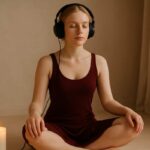Woman meditating with headphones during anxiety-relief session
