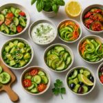 Vibrant assortment of 10 fresh cucumber salads arranged on a marble counter with herbs, olive oil drizzle, and natural sunlight highlighting textures.