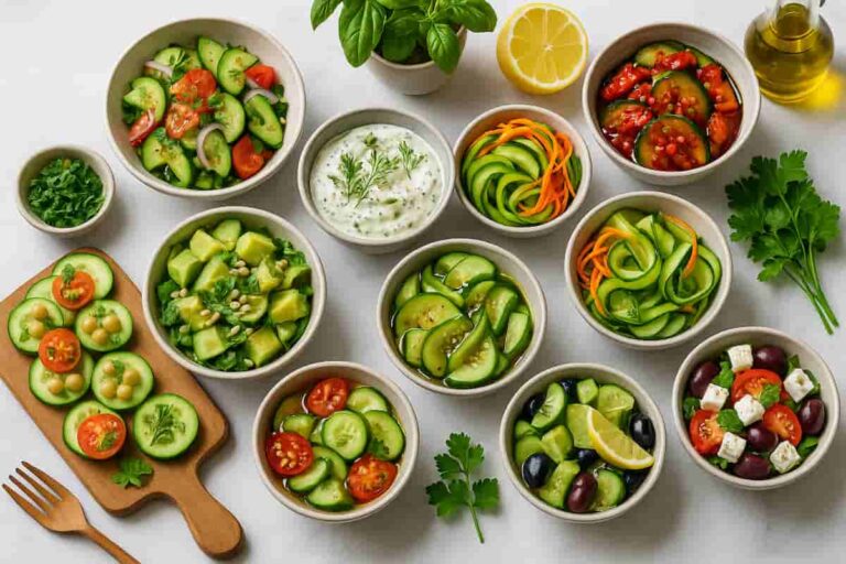 Vibrant assortment of 10 fresh cucumber salads arranged on a marble counter with herbs, olive oil drizzle, and natural sunlight highlighting textures.