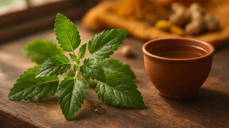 Fresh holy basil (tulsi) leaves and Ayurvedic tea, showcasing natural remedies for stress relief and immunity boosting.