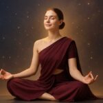 The Law of Attraction is represented by a young woman wearing a dark red saree who is serenely meditating in the midst of cosmic energy.