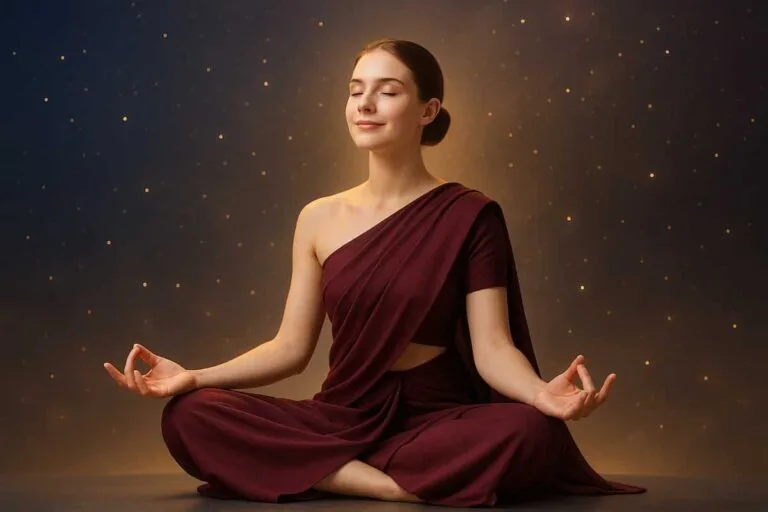 The Law of Attraction is represented by a young woman wearing a dark red saree who is serenely meditating in the midst of cosmic energy.