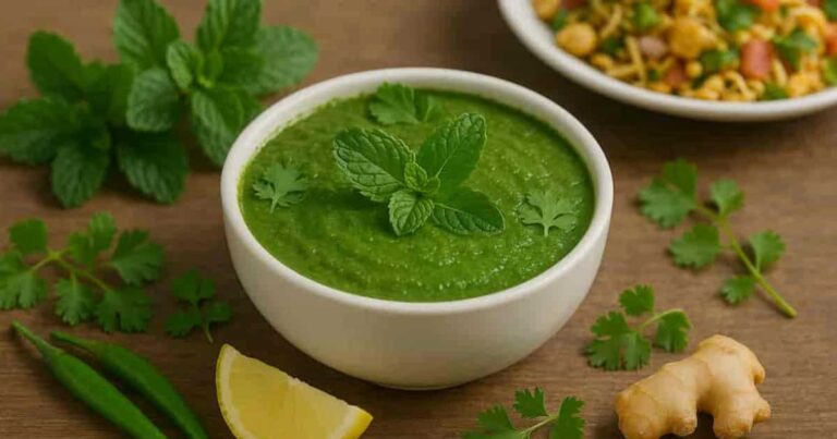 a bowl of fresh pudina chutney on the table