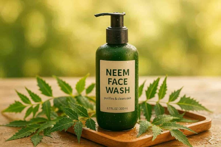 A bottle of neem face wash with fresh neem leaves on a wooden tray, surrounded by nature, symbolizing clear and healthy skin.
