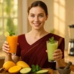 A confident woman in a red saree holding two glasses of homemade mango juice—sweet ripe and tangy raw—with fresh mangoes on a wooden tray.