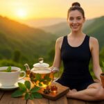 woman with natural very fair skin, blue eyes, and brown hair tied in a neat bun, wearing a modern short dark black yoga dress, sits peacefully on a wooden deck in a serene mountain landscape during sunrise. She holds a small potted plant, smiling confidently. In the foreground, a rustic table features a teacup, glass teapot with herbal tea, garlic, holy basil, and camphor leaves, all bathed in warm golden-hour light