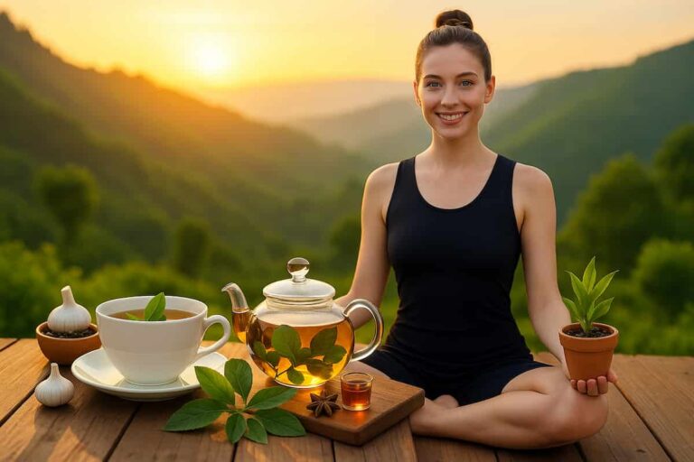 woman with natural very fair skin, blue eyes, and brown hair tied in a neat bun, wearing a modern short dark black yoga dress, sits peacefully on a wooden deck in a serene mountain landscape during sunrise. She holds a small potted plant, smiling confidently. In the foreground, a rustic table features a teacup, glass teapot with herbal tea, garlic, holy basil, and camphor leaves, all bathed in warm golden-hour light