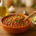 A delicious bowl of seasoned pinto beans with fresh garnishes, avocado, and tortilla, showcasing healthy and easy meal ideas.