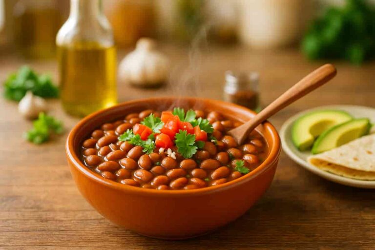 A delicious bowl of seasoned pinto beans with fresh garnishes, avocado, and tortilla, showcasing healthy and easy meal ideas.