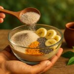 Close-up of psyllium husk powder mixed with bananas and chia seeds in a bowl, showcasing Ayurvedic remedies for digestion and heart health.
