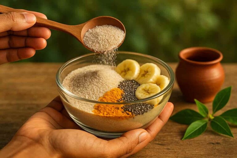Close-up of psyllium husk powder mixed with bananas and chia seeds in a bowl, showcasing Ayurvedic remedies for digestion and heart health.