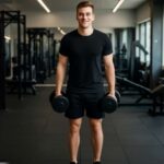 A fit man demonstrates beginner-friendly shoulder workouts with dumbbells in a gym, performing exercises like shoulder presses and lateral raises with proper form. Ideal for those starting their fitness journey to build strength safely