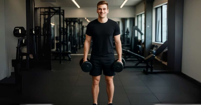 A fit man demonstrates beginner-friendly shoulder workouts with dumbbells in a gym, performing exercises like shoulder presses and lateral raises with proper form. Ideal for those starting their fitness journey to build strength safely