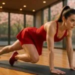 Athletic woman in red technical dress performs mountain climbers with perfect form, combining core strengthening and cardio in a sunlit studio.