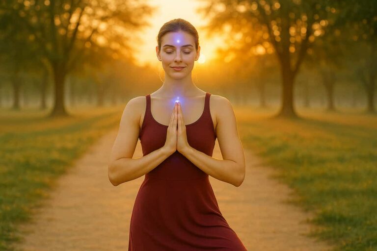 Young woman in red yoga dress meditates peacefully, symbolizing third eye awakening and spiritual clarity.