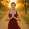 Young woman in red yoga dress meditates peacefully, symbolizing third eye awakening and spiritual clarity.