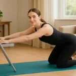 A young woman practicing chair yoga using a metal chair, demonstrating a gentle pose to relieve back pain in a bright, airy room