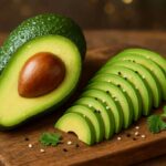 A ripe, sliced avocado on a wooden board, showcasing its creamy green flesh and fresh texture—highlighting its superfood benefits for a healthy diet.