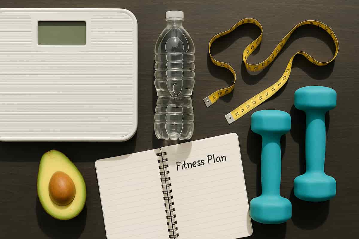 Track Your Wellness Goals with Our Free Health & Fitness Calculators Flat lay of health and fitness items including scale, dumbbells, notebook, and avocado – representing wellness tools
