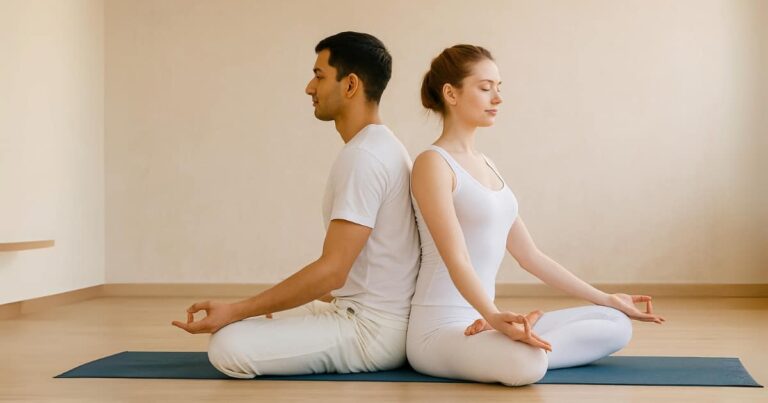 Couple practicing partnered Tantra Yoga in a peaceful studio setting, sharing a meditative breath moment together.