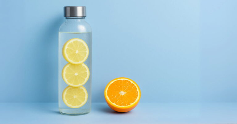 Realistic glass water bottle with lemon slices and measurement markings on a blue background, showing daily hydration goals