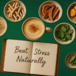 Top adaptogens for stress relief - ashwagandha, reishi, rhodiola, holy basil and maca - displayed with herbal latte as natural burnout remedies