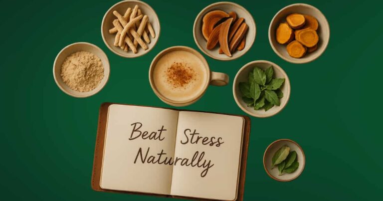 Top adaptogens for stress relief - ashwagandha, reishi, rhodiola, holy basil and maca - displayed with herbal latte as natural burnout remedies