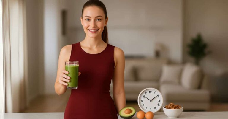 Confident young woman practicing intermittent fasting with clock and healthy foods, wearing stylish red dress