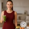 Confident young woman practicing intermittent fasting with clock and healthy foods, wearing stylish red dress