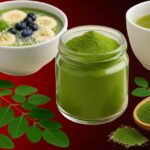 Moringa Powder Benefits: Nutrient-rich green powder in a jar with fresh moringa leaves, a spoon scooping it, and a healthy smoothie bowl backdrop.