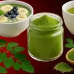 Moringa Powder Benefits: Nutrient-rich green powder in a jar with fresh moringa leaves, a spoon scooping it, and a healthy smoothie bowl backdrop.