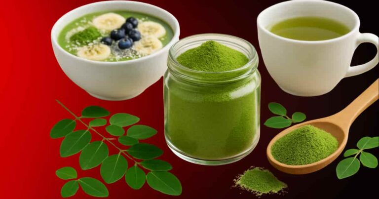 Moringa Powder Benefits: Nutrient-rich green powder in a jar with fresh moringa leaves, a spoon scooping it, and a healthy smoothie bowl backdrop.