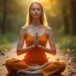 a beautiful 25-year-old woman with fair skin and blue eyes, wearing a saffron-colored traditional yoga dress, meditating peacefully in Sukhasana during a serene early morning yoga and meditation session.