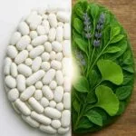 A split brain concept illustrating the choice between ADHD medication (pills) and natural remedies (plants and nuts) for focus and calm.