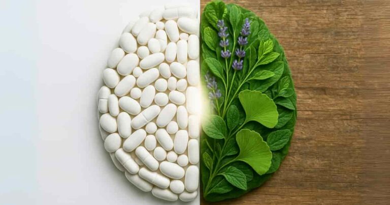A split brain concept illustrating the choice between ADHD medication (pills) and natural remedies (plants and nuts) for focus and calm.