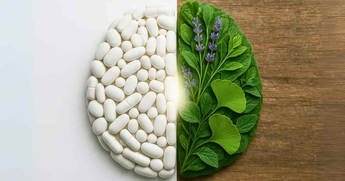 A split brain concept illustrating the choice between ADHD medication (pills) and natural remedies (plants and nuts) for focus and calm.