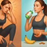 Young athletic woman comparing electrolyte imbalance symptoms (fatigue, cramps) with natural remedies like coconut water and nuts to restore energy.
