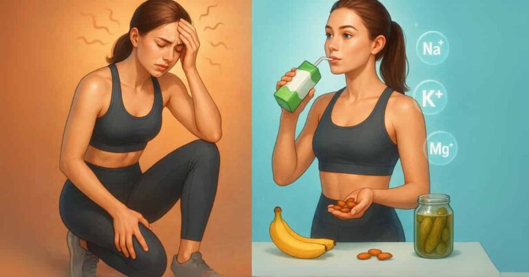 Young athletic woman comparing electrolyte imbalance symptoms (fatigue, cramps) with natural remedies like coconut water and nuts to restore energy.