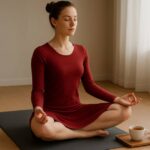 A young woman mindfully preparing for Kriya Yoga at home, sitting comfortably with a candle and yoga mat in a natural, clutter-free space.