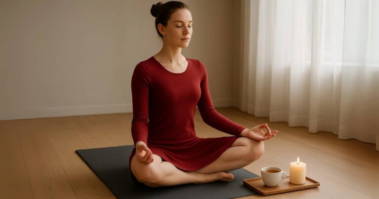 A young woman mindfully preparing for Kriya Yoga at home, sitting comfortably with a candle and yoga mat in a natural, clutter-free space.